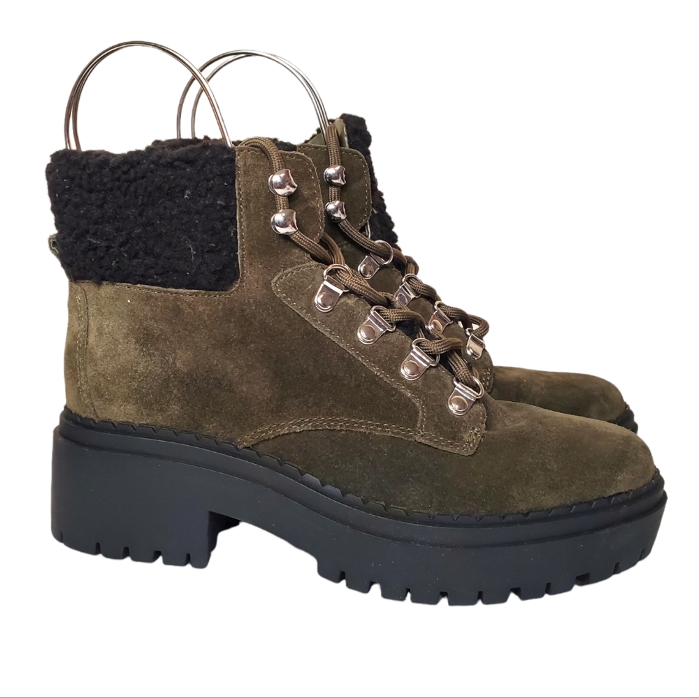 Marc Fisher Leigan Bootie Dark Green Ankle Lace Up Boots Chunky Block Heel 6
